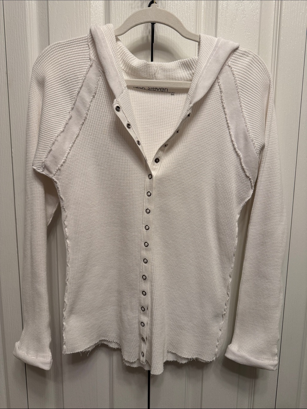Jack Steven White Waffle Knit Snap Front Velvet Trim Hoodie Rhinestone Size M